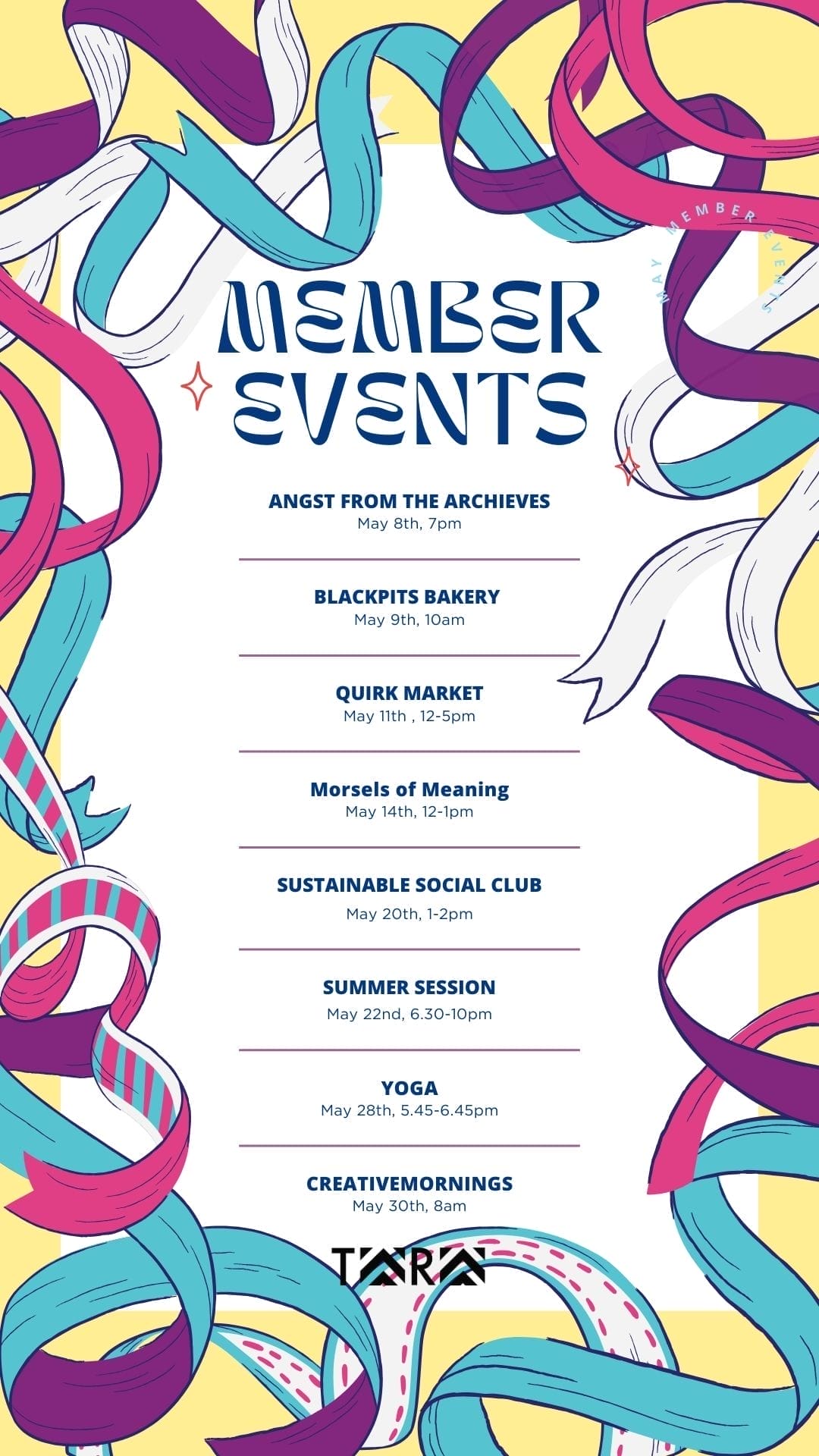 Colorful member events poster with dates and times listed