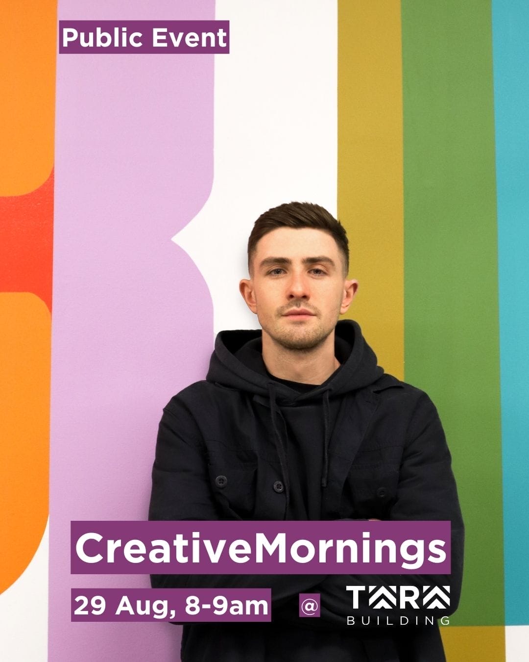 CreativeMornings Event at Tara Building with Colorful Background